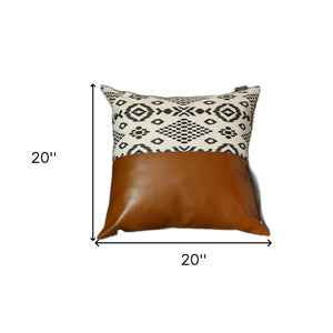 20" X 20" Brown and White Faux Leather Geometric Zippered Pillow Cover