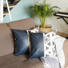 Set of Two 18" Black and White Geometric Fabric and Faux Leather Throw Pillows