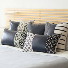 Set of Two 12" X 20" Navy Blue Diamond Fabric and Faux Leather Lumbar Throw Pillows