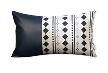 Set of Two 12" X 20" Navy Blue Diamond Fabric and Faux Leather Lumbar Throw Pillows