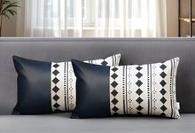 Set of Two 12" X 20" Navy Blue Diamond Fabric and Faux Leather Lumbar Throw Pillows
