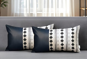 Set of Two 12" X 20" Navy Blue Diamond Fabric and Faux Leather Lumbar Throw Pillows