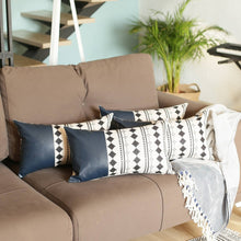 Set of Four 12" X 20" Navy Blue Diamond Faux Leather Lumbar Throw Pillows