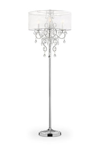63" Silver Three Light Candelabra Floor Lamp With White Acrylic Drum Shade