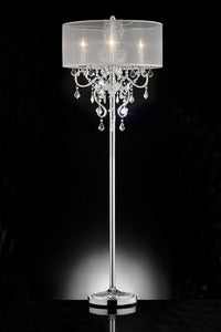 63" Silver Three Light Candelabra Floor Lamp With White Acrylic Drum Shade