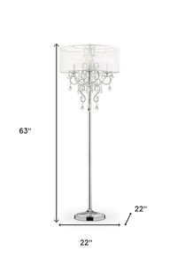 63" Silver Three Light Candelabra Floor Lamp With White Acrylic Drum Shade