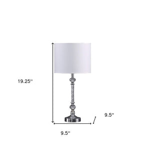 19" Silver Metal and Faux Crystal Table Lamp With White Drum Shade