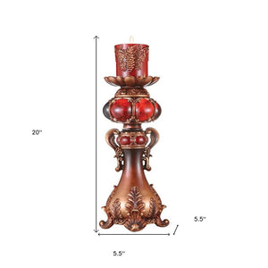 20" Brown and Red Faux Marble Tabletop Candle Holder and Candle