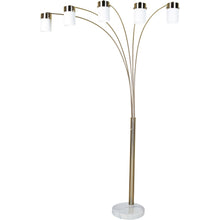 84" Gold And White Five Light Arched Floor Lamp With White Acrylic Drum Shade