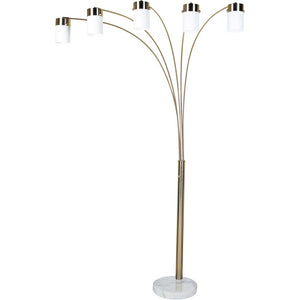 84" Gold And White Five Light Arched Floor Lamp With White Acrylic Drum Shade