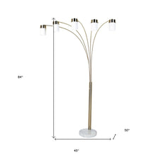 84" Gold And White Five Light Arched Floor Lamp With White Acrylic Drum Shade