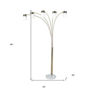 84" Gold And White Five Light Arched Floor Lamp With White Acrylic Drum Shade