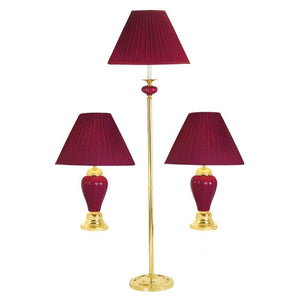 Set Of Three 64" Gold Ceramic Bedside Floor and Table Lamp Set With Red Empire Shade