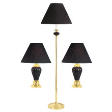 Set Of Three 64" Gold and White Ceramic Bedside Floor and Table Lamp Set With Off White Empire Shade