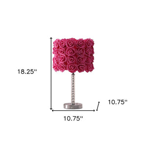 18" Silver Bedside Led Table Lamp With Red Flowers Drum Shade