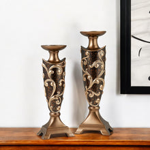 Set of Two Brown and Gold Polyresin Floral Centerpiece Pillar Candle Holders With Candle
