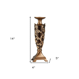 Set of Two Brown and Gold Polyresin Floral Centerpiece Pillar Candle Holders With Candle