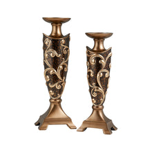 Set of Two Brown and Gold Polyresin Floral Centerpiece Pillar Candle Holders With Candle