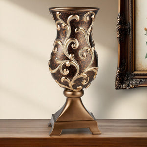 20" Espresso and Gold Floral Urn Polyresin Table Vase