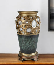 16" Green and Gold Urn Polyresin Table Vase With Crystals