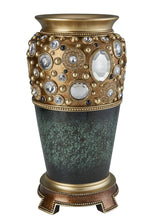 16" Green and Gold Urn Polyresin Table Vase With Crystals