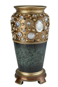 16" Green and Gold Urn Polyresin Table Vase With Crystals