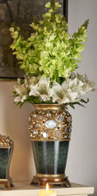 16" Green and Gold Urn Polyresin Table Vase With Crystals