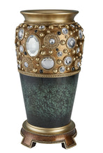 16" Green and Gold Urn Polyresin Table Vase With Crystals