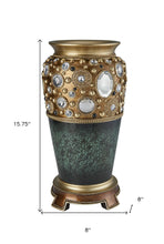 16" Green and Gold Urn Polyresin Table Vase With Crystals