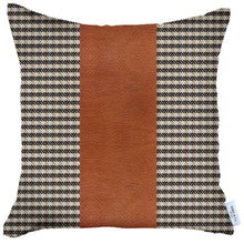 18" Black Brown And White Houndstooth Fabric And Faux Leather Throw Pillow Cover