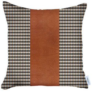 18" Black Brown And White Houndstooth Fabric And Faux Leather Throw Pillow Cover