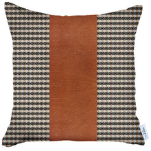 18" Black Brown And White Houndstooth Fabric And Faux Leather Throw Pillow Cover