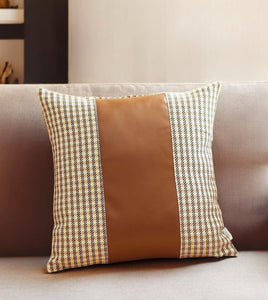 18" Black Brown And White Houndstooth Fabric And Faux Leather Throw Pillow Cover