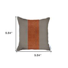 18" Black Brown And White Houndstooth Fabric And Faux Leather Throw Pillow Cover