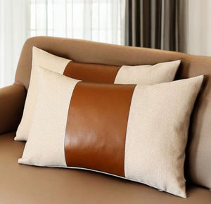 Set of Two 12" X 20" Ivory and Brown Color Block Fabric and Faux Leather Lumbar Throw Pillows