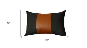 Set of Two 12" X 20" Black and Brown Color Block Fabric and Faux Leather Lumbar Throw Pillows