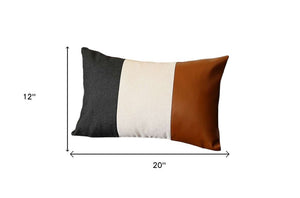 Set of Two 12" X 20" Black Ivory and Brown Color Block Fabric and Faux Leather Lumbar Throw Pillows