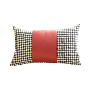 Set of Four 12" X 20" Red Black and White Houndstooth Fabric and Faux Leather Lumbar Throw Pillows