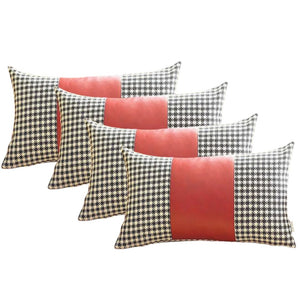 Set of Four 12" X 20" Red Black and White Houndstooth Fabric and Faux Leather Lumbar Throw Pillows