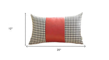 Set of Four 12" X 20" Red Black and White Houndstooth Fabric and Faux Leather Lumbar Throw Pillows