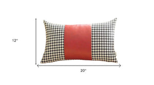 Set of Four 12" X 20" Red Black and White Houndstooth Fabric and Faux Leather Lumbar Throw Pillows