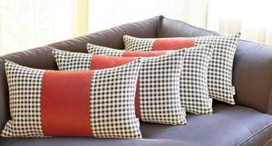 Set of Four 12" X 20" Red Black and White Houndstooth Fabric and Faux Leather Lumbar Throw Pillows