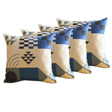 Set of Four 18" Ivory Blue and Black Geometric Fabric Throw Pillows