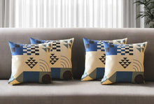 Set of Four 18" Ivory Blue and Black Geometric Fabric Throw Pillows