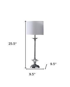 26" Silver Metal And Faux Crystal Table Lamp With White Cylinder Shade