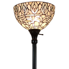 62" Brown And White Torchiere Floor Lamp With White Peacock Feather Glass Dome Shade