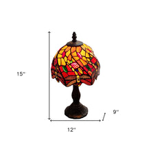 15" Dark Brown Metal Candlestick Table Lamp With Red and Black Novelty Shade