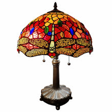 22" Dark Brown Metal Two Light Candlestick Table Lamp With Red and Black Shade