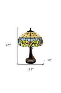 23" Dark Brown Metal Two Light Candlestick Table Lamp With Green Shade