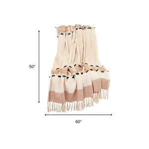 50" X 60" Brown and Ivory Woven Cotton Striped Throw Blanket with Tassels